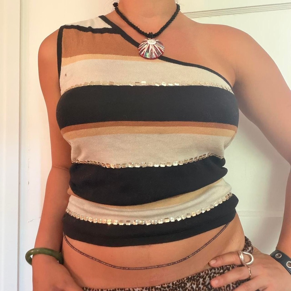 Vintage 2000s Striped One Shoulder Beaded Whimsigoth Top Medium